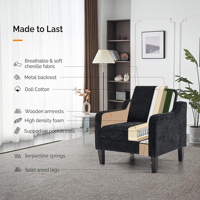 VINGLI Mid Century Modern Accent Chairs - Soft Chenille Upholstered Arm & Side Chairs for Living Room & Reading (Black Chenille)