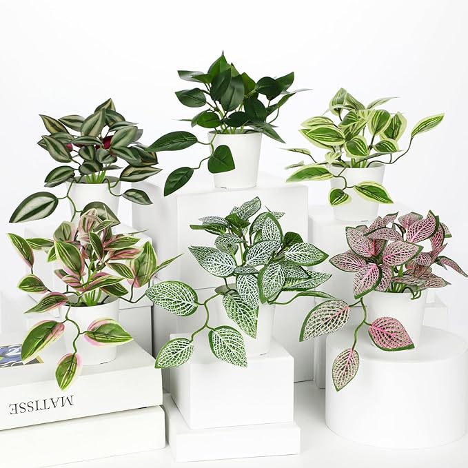 Hollyone Fake Plants 6 Pack Artificial Plants Indoor Faux Plant with White Plastic Pot Small Fake Potted Plant for Home Aesthetic Living Room Bathroom Desk Shelf Office Decor