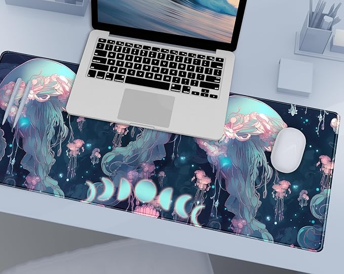 DCJJM Anime Desk Mat Jellyfish Neon Blue XL Mouse Pad Gaming Ocean Moon Computer Keyboard Pad 80 x 30cm Women Desk Protector with Stitched Edges