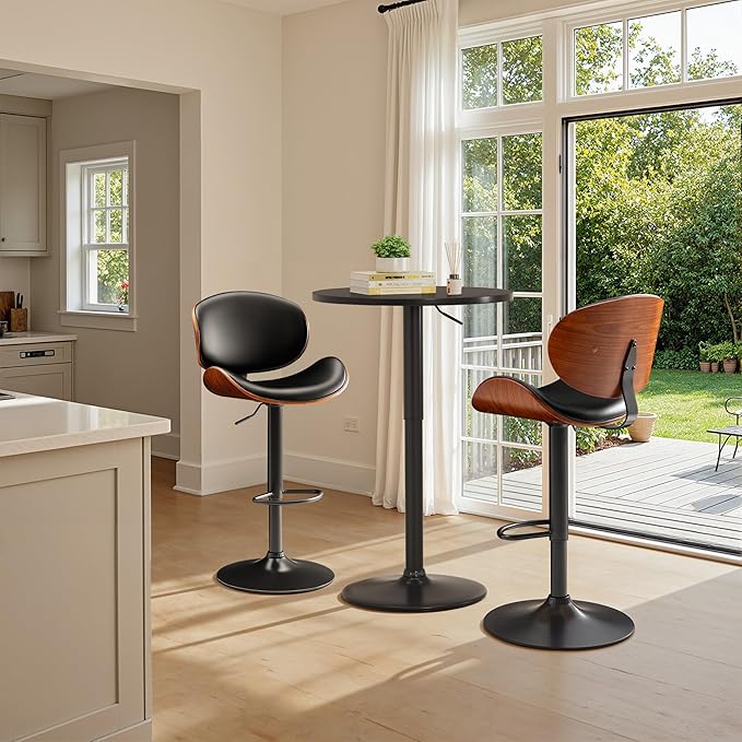 Bar Stools Set of 4 Adjustable Swivel Bentwood Barstools PU Leather Modern Bar Chairs with Back & Footrest for Bar, Kitchen Island, Dining Room (Black, Set of 4)