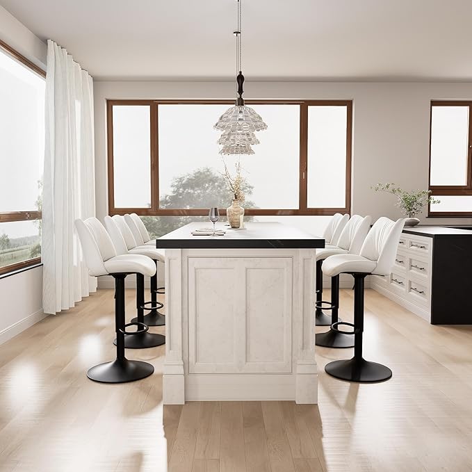 YOUNIKE Modern Bar Stools Set of 2, White PU Leather Upholstered Barstools, Swivel Adjustable Armless Counter Stool, Ergonomic Hollow Mid Backrest Bar Chair for Kitchen Island, Home Bar Counter