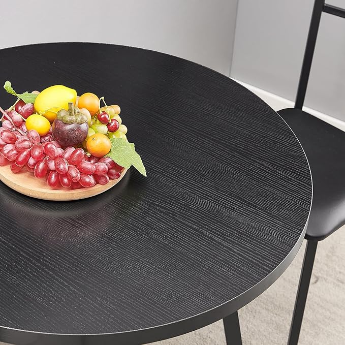 VECELO Round Dining Room Table with Wood Grain Tabletop and Steel Frame, for Kitchen, Living Room, Office, Conference, 2 to 4 Person, Black