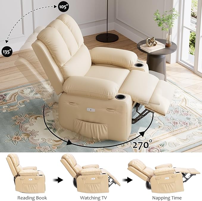 27" Oversized Power Recliner Chair, Faux Leather Rocking Chair with Heat & Massage, 360° Swivel Modern Electric Recliner with Cup Holder ＆ USB Charging for Living Room, Bedroom, Nursery - Beige