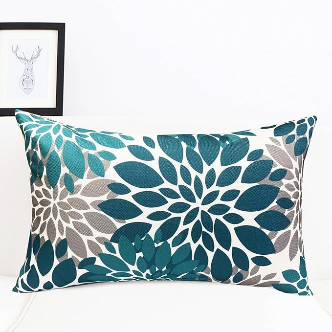 Decorative Throw Pillow Covers Set of 2 Teal Blue Pillow Covers 12x20 Inch Couch Pillow Covers for Sofa Living Room Outdoor Throw Pillow Cover Linen Floral Flower Farmhouse Pillowcase