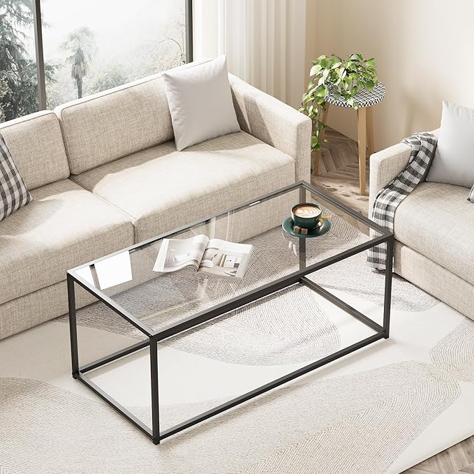 Glass Coffee Table, Modern Center Tables for Living Room, Black Rectangle Center Tea with Metal Frame, Clear Glass Top Coffee Table for Home, Office, Easy Assembly, 39.4 x 18.9 x 17.7, Black
