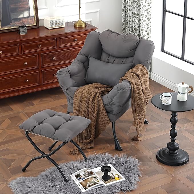 Lazy Chair with Ottoman, Modern Accent Chair with Lumbar Pillow, Comfy Chairs with Folding Footrest for Bedroom, Reading, Oversized Supportive Lounge Chairs(Dark Grey)