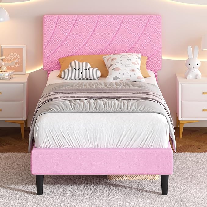 HOMBCK Twin Bed Frames for Kids, Bed Frame Twin with Linen Fabric Upholstered Headboard and Wooden Slats Support,Adiustable Headboard, No Box Spring Needed, Noise-Free, Easy Assembly, Pink