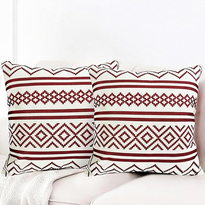 Decorative Throw Pillow Covers Set of 2 Wine Red Boho Pillow Covers 18x18 Inch Throw Pillow Cover Linen Pillowcase Modern Farmhouse Outdoor Pillow Covers for Couch Sofa Bed Living Room