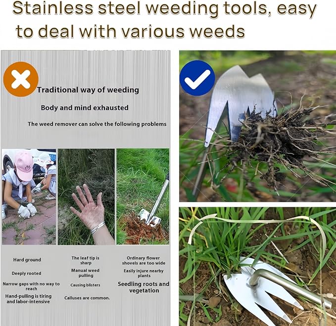 Weed Puller Tool,Portable Garden Weeder Tool,2025 New Gardening Weeding Tools, Hand Weeder Tool with Handle, 4 - Tooth Manganese Steel for Gardening Backyard Farm