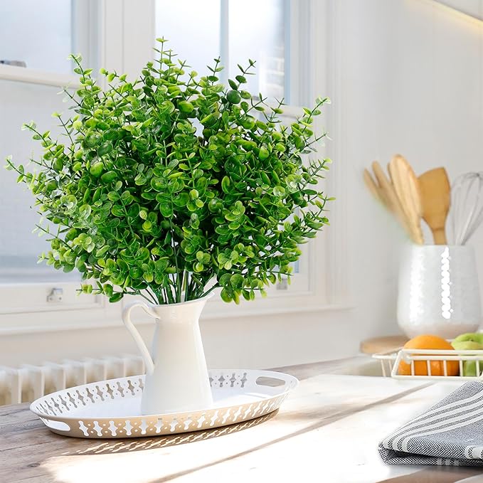 Sggvecsy Artificial Flowers for Outdoors 24 Bundles UV Resistant Boxwood Shrubs Artificial Eucalyptus Fake Plants Faux Plastic Greenery for Farmhouse Garden Indoor Outdoor Home Wedding Decoration