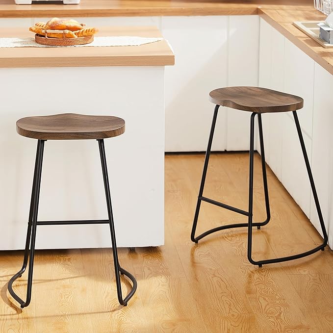 HeuGah Barstools Set of 2, 26" Wood Counter Height Bar Stools, Rustic Backless Bar Stools for Kitchen Island, Bar Chairs with Wood Saddle Seat (Brown, 2 PCS 26Inch Counter Chair)