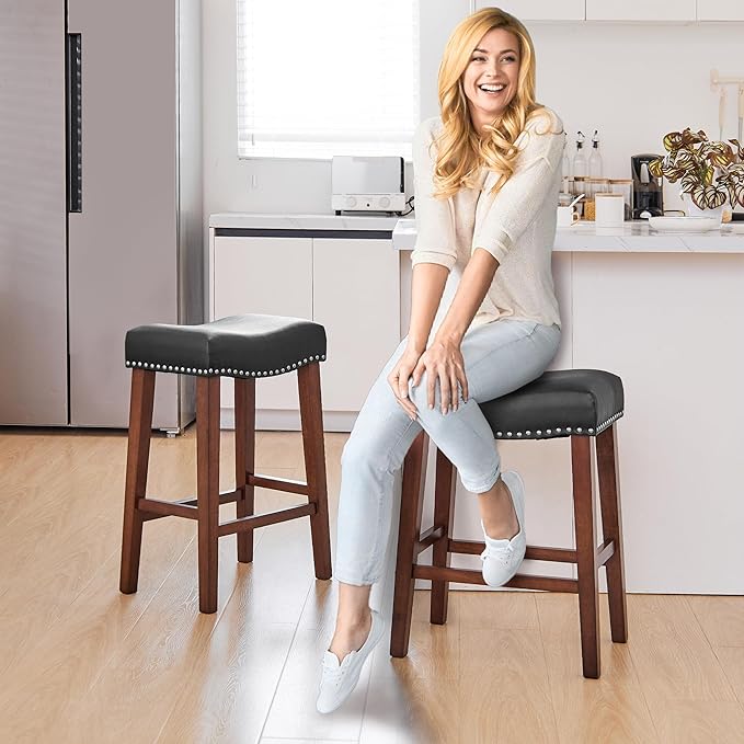 PrimeZone Counter Height Bar Stools Set of 6 - Backless Saddle Barstools with 4.3" Thick Upholstered, Nailhead Trim Faux Leather & Solid Wood Legs, 26 Inch Counter Stools for Kitchen Island, Black
