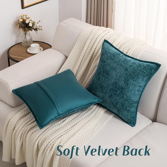 FUTEI Teal Chenille Throw Pillow Covers 18x18 Inch Set of 2,Soft Cozy Bound Edge Design Cushion Case,Home Decor for Couch Bed Living Room