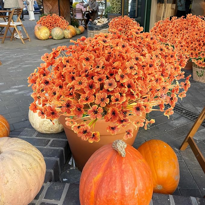 Krissing 48 Bundles Artificial Fall Flowers for Outdoors, UV Resistant Fake Outdoor Silk Flowers Plants Fall Faux Autumn Flowers for Garden Porch Window Box Fall Outside Decor