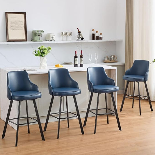 Bar Stools Set of 4, 30" Swivel Bar Height Bar stools with High Back, Faux Leather Kitchen Barstools Bar Height for Kitchen Island (Navy Blue, 4PCS 30" Bar Stools)