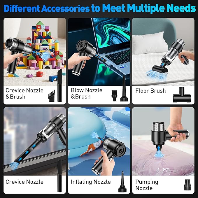 Mini Vacuum Cleaner, 16000PA Car Vacuum Cleaner Portable Cordless with LED Light, 4 in 1 Air Duster and Handheld Small Vacuum Rechargeable for Car, Home, Office, Pet（Black）