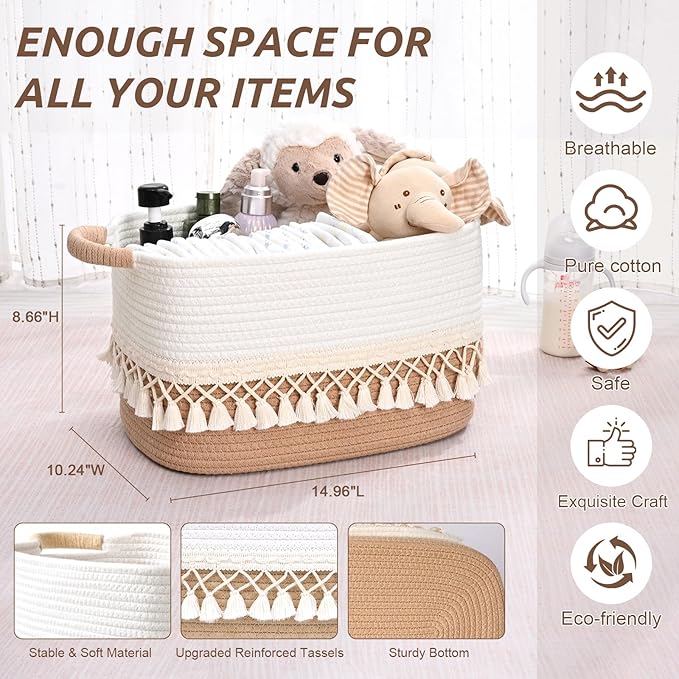 6 Pack Storage Basket for Shelves, Boho Cotton Rope Storage Bins with Heavy Tassel, Shelf Baskets Large Woven Baskets for Organizing, Cube Organizer Bins, Baby Laundry Basket for Clothes, Toys, Pets