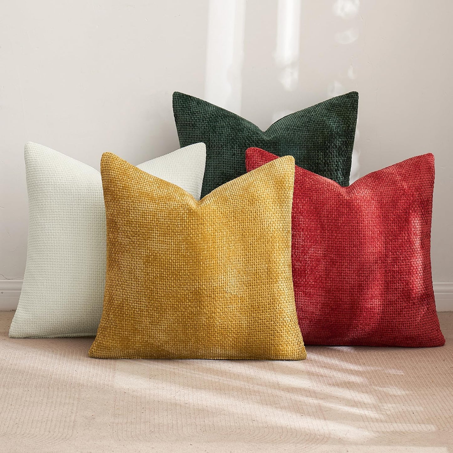 MIULEE Christmas Pack of 4 Couch Throw Pillow Covers 16x16 Inch Christmas Red/Green Soft Decorative Chenille Pillow Covers Farmhouse Accent Cushion Covers for Boho Home Decor Sofa Bedroom Living Room