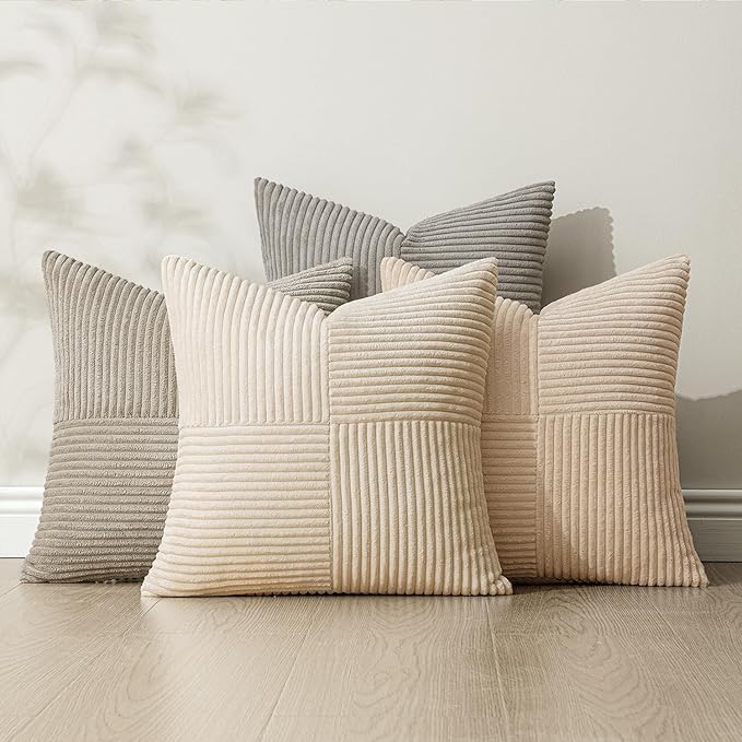 MIULEE Neutral Decorative Throw Pillow Covers 18x18 Inch Set of 4 for Livingroom Couch Sofa Modern Farmhouse Soft Corduroy Cushion Cases Striped Patchwork Home Decor (Cream,Grey)