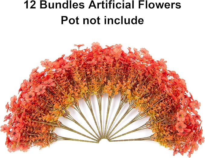 Artificial Fall Flowers Fake Mums for Outdoor Autumn Decoration, 12 Bundles Faux Silk Orange Yellow Mums Daisy Look Real UV Resistant for Outside Home Porch Patio Planter