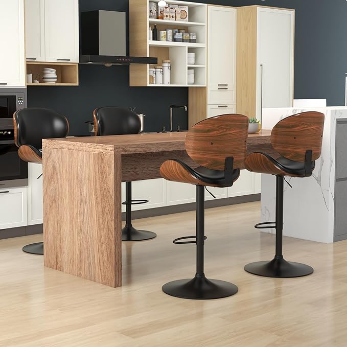KCC Bar Stools Set of 2, Swivel Adjustable Height Barstools, PU Leather Upholstered Bar Chairs with Footrest, Bentwood Bar Stool for Kitchen, Bar, Dining Room(Black PU)