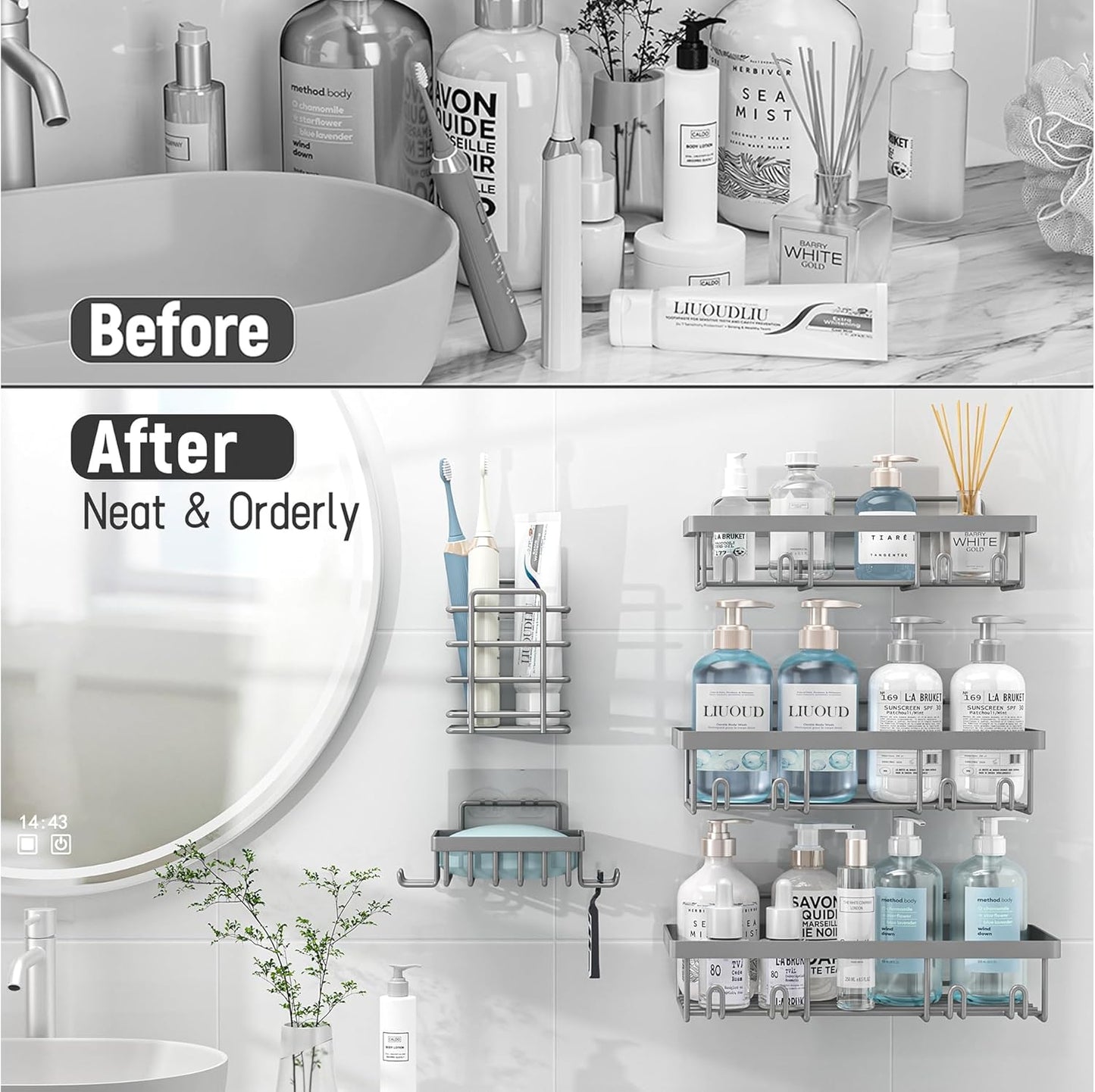 5 Pack Shower Caddy Organizer Rack Shelf for Inside Shower, Self Adhesive Bathroom Wall Storage Basket Rustproof Stainless Steel Large Capacity Shampoo Holder, Grey