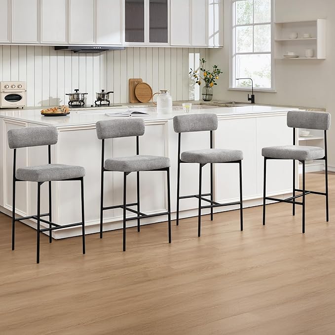 Counter Height Bar Stools Set of 4, Modern Upholstered Bar Stools with Back, Linen Counter Height Chairs with Metal Legs and Padded Cushion for Kitchen Island, Home Pub and Bars, Gray