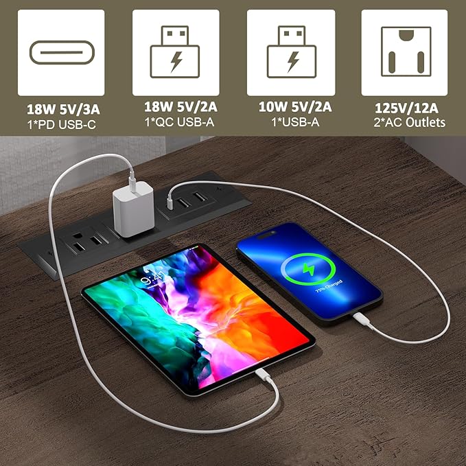 End Table with Fast USB C Charging Station, 18" Wide Tall Sofa Side Table with 2 Drawers, Large Storage Rustic Wood Square Storage Cabinet for Living Room,Bedroom,Office, Blue