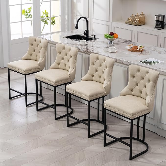 UVV Counter Height Bar Stools Set of 4, 26" Modern Barstools with Back, Faux Leather Upholstery Counter Chairs with Metal Legs for Kitchen Island, Bar, Counter, Beige