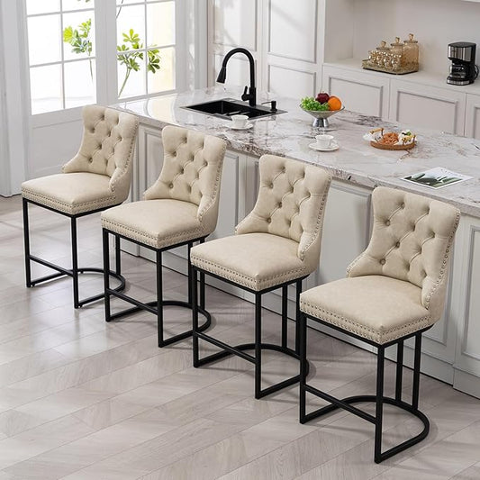 UVV Counter Height Bar Stools Set of 4, 26" Modern Barstools with Back, Faux Leather Upholstery Counter Chairs with Metal Legs for Kitchen Island, Bar, Counter, Beige