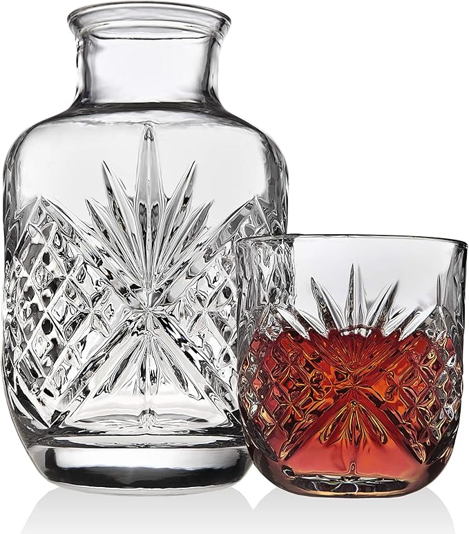 Crystal Bedside Night Carafe Pitcher and Water Glass Tumbler Set, Bedroom Nightstand Water Pitcher and Cup Set