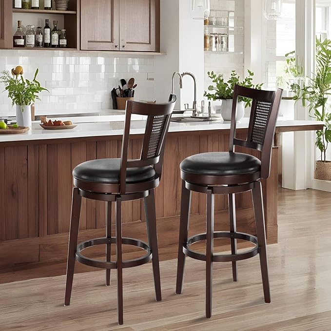 ALPHA HOME Swivel Bar Stools Set of 2, Kitchen Stools with Backs, 30 Inch Wooden Bar Stools, 360 Degrees Swivel Chair with Upholstered, Wrap-Around Footrest Counter Chair, Dark Brown