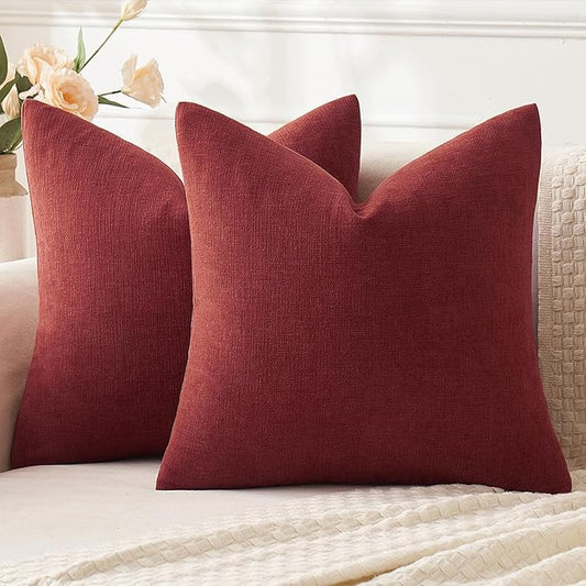MIULEE Wine Red Couch Pillow Covers 18x18 Inch, Set of 2 Soft Chenille Decorative Square Throw Pillow Covers Christmas Farmhouse for Sofa Living Room Bed
