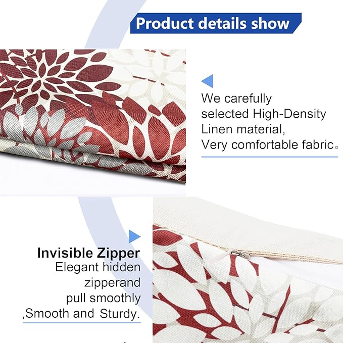 Wine Red Decorative Throw Pillow Covers 22x22 Inch Pillow Covers for Couch Living Room Bedroom Outdoor.Modern Sofa Throw Pillow Cover.Farmhouse Geometric Floral Linen Square Pillow Case.Set of 2