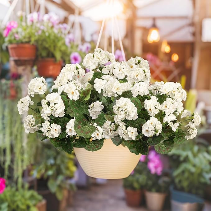 Plastic Flowers for Outdoors Home Decor Fake Plants Artificial Flowers Artificial Geraniums Outdoor Fake Flowers Silk Bouquet, Fall Decor for Interior Porch Garden Decor 14.4" (White) 8PCS