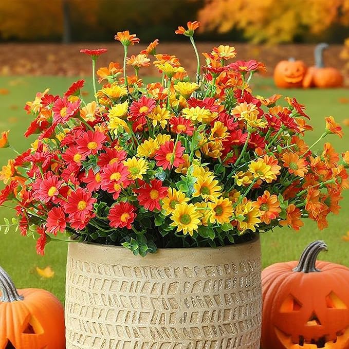 alyptus Fake Mums Artificial Flowers – 12 Bundles Fall Flowers for Outdoor Orange Display, Faux Mums UV Resistant Silk Plants for Porch, Patio, Garden, Thanksgiving Decor (Red 5, Orange 5, Yellow 2)