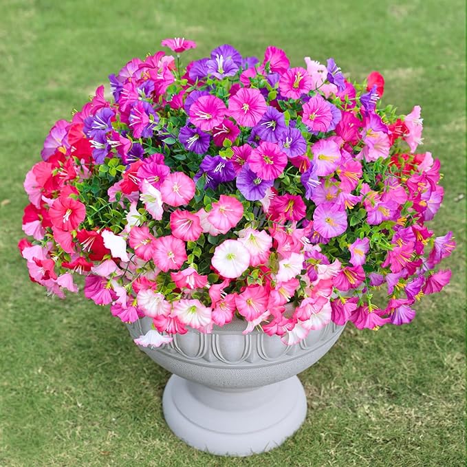 7 Color Mix Artificial Flowers for Outdoor, Fake Flowers Faux Plants for Outside Indoor, Summer Decor Morning Glory Petunia UV Resistant, for Garden Porch Window Box Home Planters (Pink Purlpe)