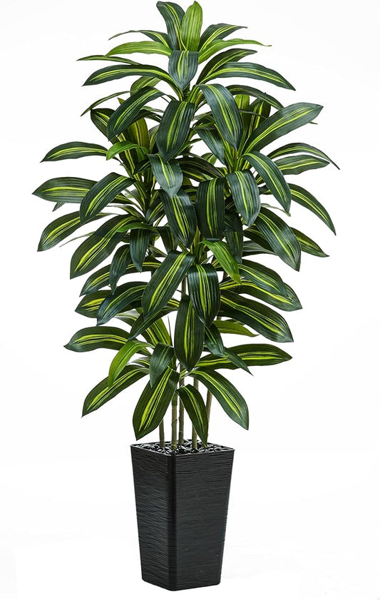 Artificial Dracaena Tree：5FT Faux Silk Tropical Yucca Floor Trees Realistic Fake Green Plant with Natural Wood Trunk & Lifelike Leaves for Home Office Decor Indoor & Outdoor (5FT,1-Pack,Black)