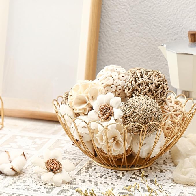 Riceshoot 2 Pack Decorative Balls Potpourri Bowl Filler Decor Natural Vase Bowl Filler Assorted Spherical Rattan Twigs Wicker Balls Cotton for Home Centerpiece(White)