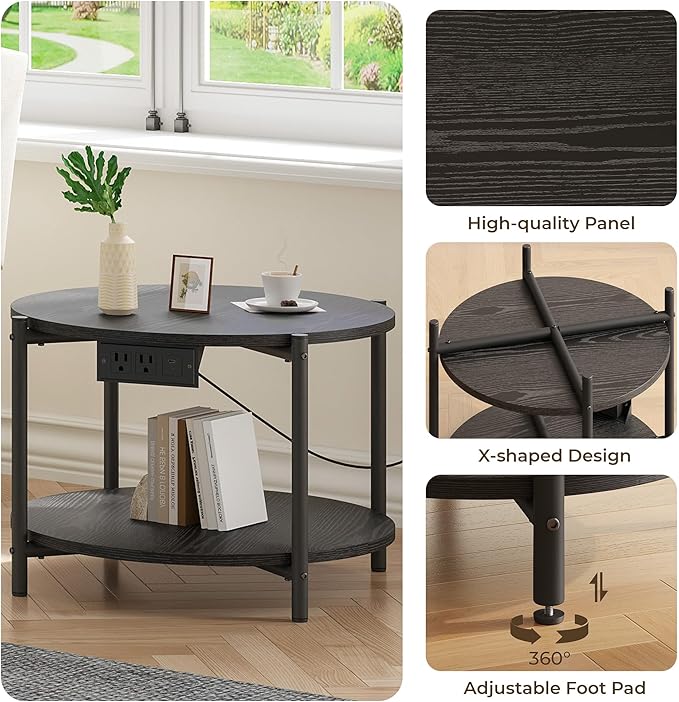 LIKIMIO Round Side Table Set of 2, 23.6" W End Table with Charging Station, Modern Wooden Nightstand for Small Spaces, Living Room, Bedroom, Black