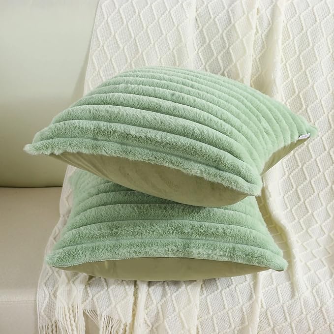 FUTEI Sage Green Striped Decorative Throw Pillow Covers 14x14 Inch Set of 2,Square Fall Decorations Couch Pillow Case,Soft Cozy Faux Rabbit Fur & Velvet Back,Modern Home Decor for Bed