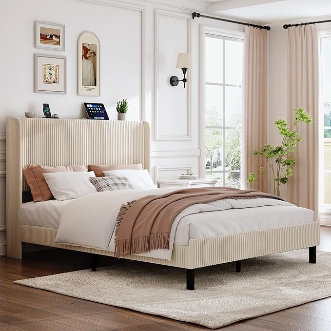 Upholstered Bed Frame Queen Size Beige Velvet Wingback Headboard with Charging Station Vertical Channel Tufted Platform Bed Metal Slats Foundation No Box Spring Needed, Easy Assembly