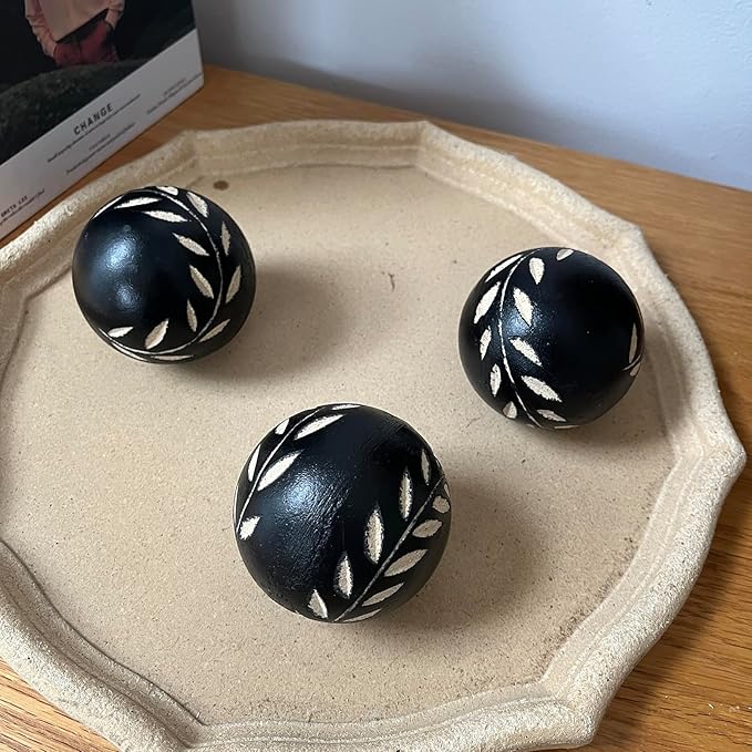 Set of 6 Decorative Orbs for Bowls and Vases- Leaf Pattern - 2.6in Resin Round Sphere Balls for Living, Dining Room Coffee Table Centerpiece Home Decor