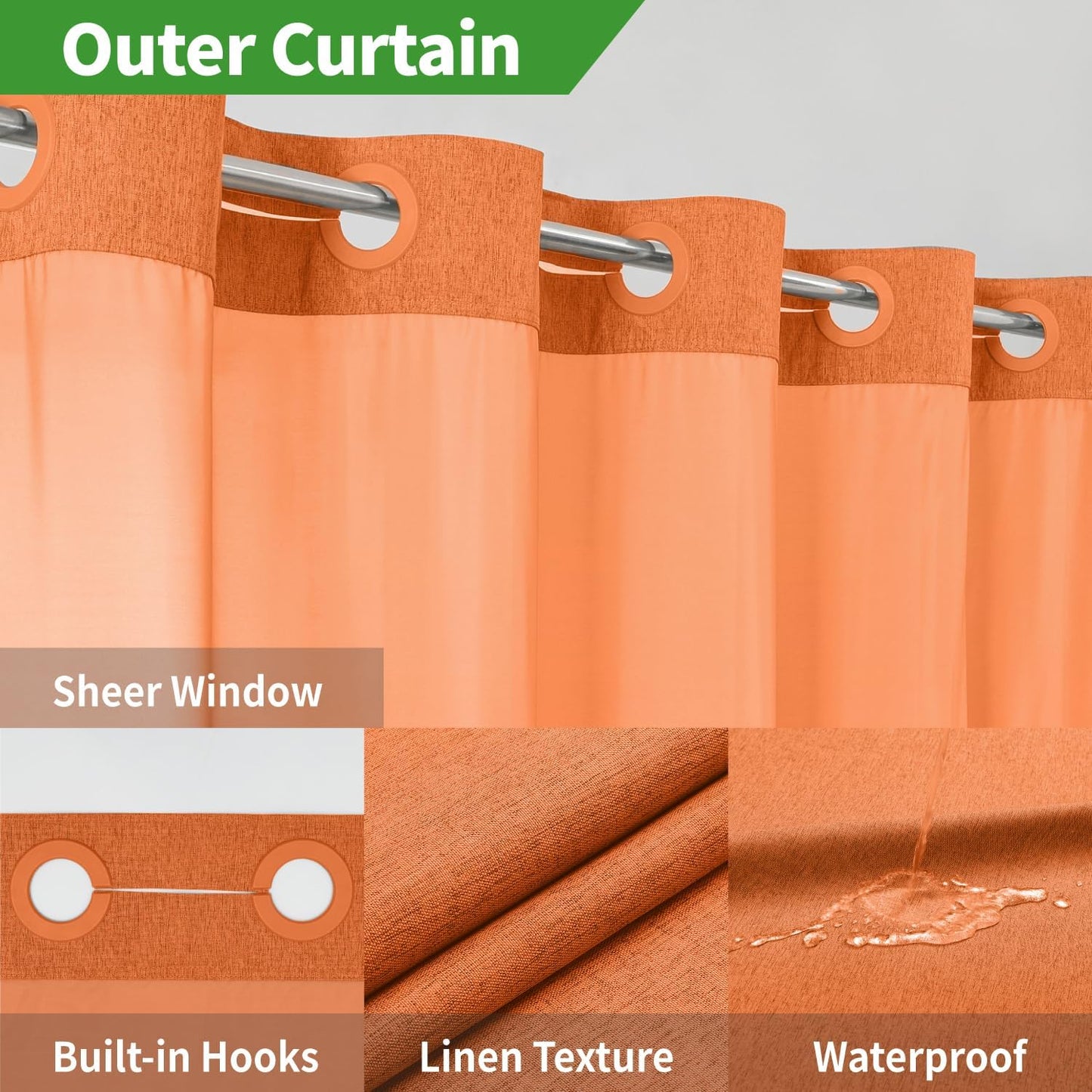 Extra Long No Hooks Needed Linen Textured Shower Curtain with Snap-in Fabric Liner Set,White Hotel Luxury Decor Shower Curtains for Bathroom,Waterproof & Washable,71Wx86H,Burnt Orange