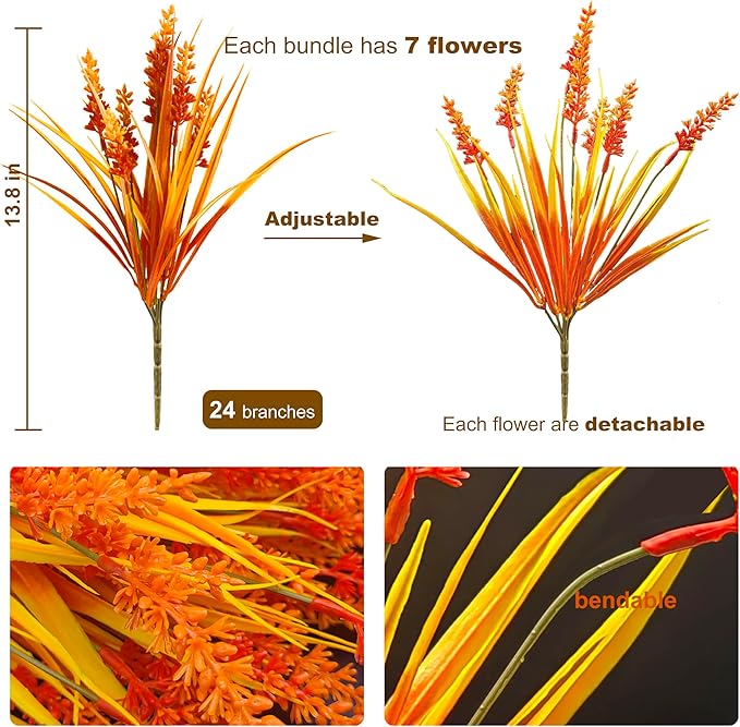 24 Bundles Fall Artificial Flowers for Outdoors, Orange Artificial Lavender Plants, Faux Mums Artificial Flowers, Artificial Mums for Outdoors, Fake Fall Flowers for Porch Planters Decoration (Orange)