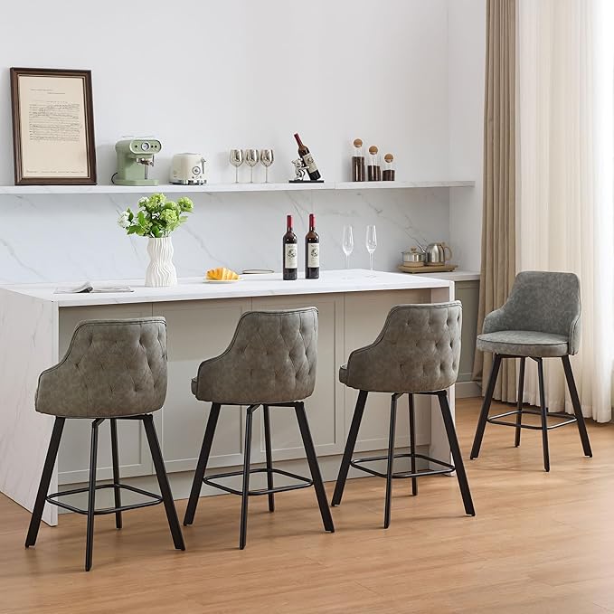 Bar Stools Set of 4, 26" Swivel Counter Height Bar stools with High Back, Faux Leather Kitchen Barstools Counter Height for Kitchen Island (Light Grey, 4PCS 26" Counter Stools)