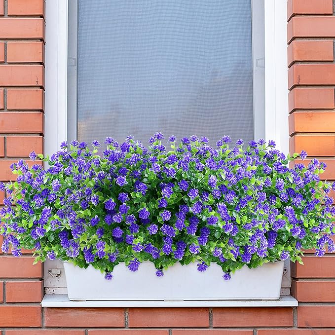 SITUMEIZI 8 Bundles Purple Artificial Flowers Outdoor Fake Flower Plastic UV Resistant Shrubs Greenery Plants Hanging Decorations Garden Porch Window Box Farmhouse Outside Summer Indoor Decor
