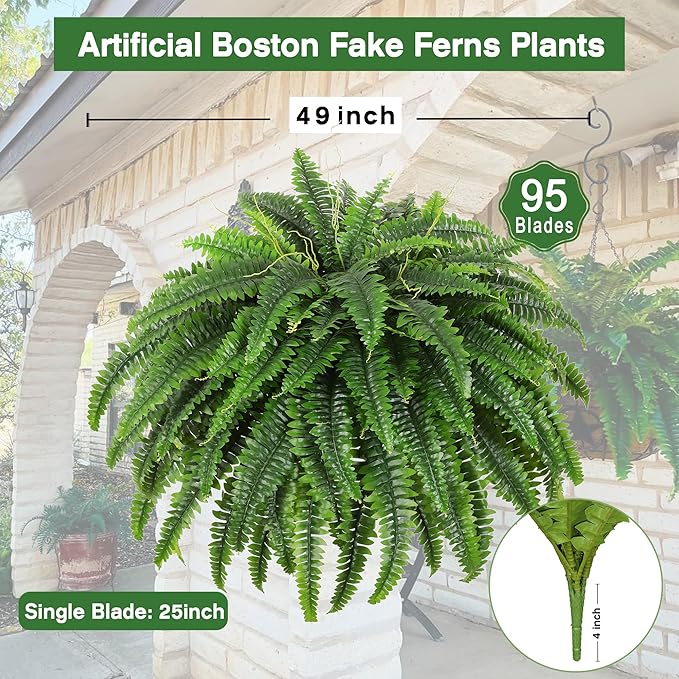 Single Silky Artificial Boston Fern Bush, 49Inch Large Artificial Ferns for Outdoors, Large Faux Ferns Artificial Plants,Suitable for Decorating Office, Living Room Faux Greenery,95Branches