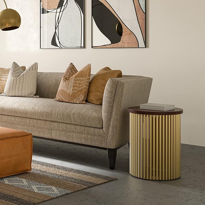 SIMPLIHOME Demy 18-inch Wide Metal and Solid Mango Accent Table in Cognac/Gold, Round Side Table with Mango Wood Top for Living Room or Bedroom, Industrial Style, Assembled