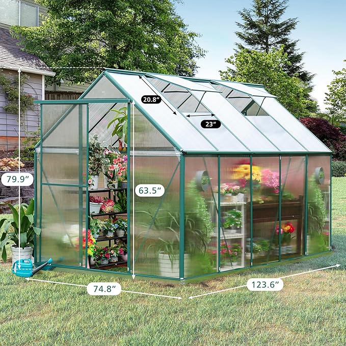 CDCASA 10.2x6.2 FT Greenhouse, Polycarbonate Greenhouses Heavy Duty Aluminum Greenhouse for Outdoors w/ Lockable Doors & 2 Vent Window Walk-in Green House Sunroom for Outside Backyard, Green